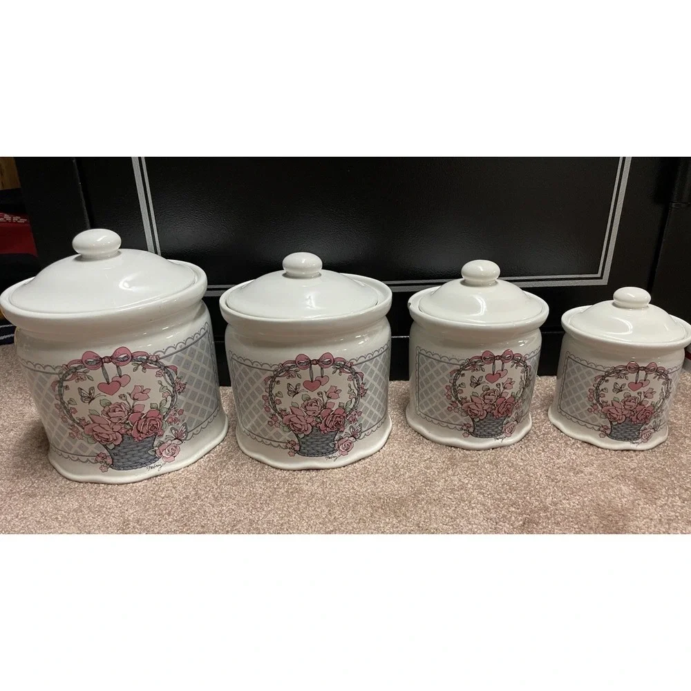 Vintage Cottagecore Hearts & Roses Canister Set Trenditions Set 4 Baskets & Lids